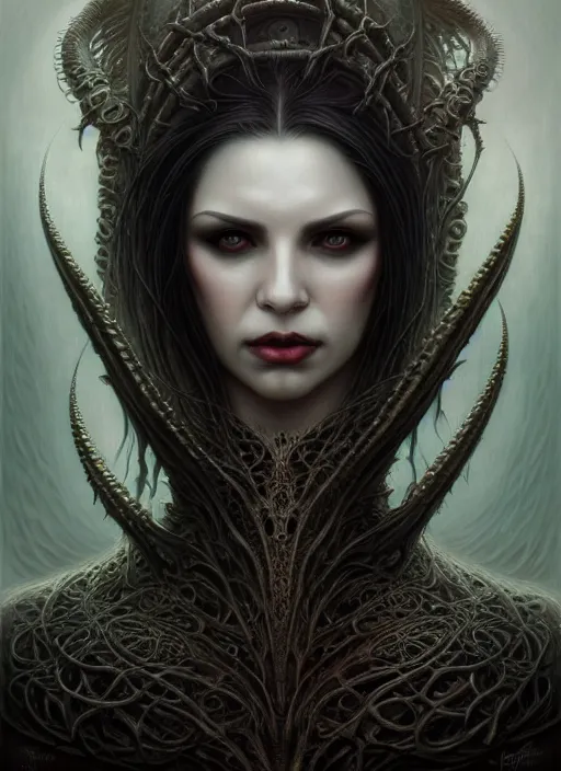 Image similar to portrait shot of a female vampire, a scenic dystopian environment, lovecraftian, intricate, elegant, highly detailed, centered, digital painting, artstation, concept art, smooth, sharp focus, illustration, artgerm, tomasz alen kopera, peter mohrbacher, donato giancola, joseph christian leyendecker, wlop, boris vallejo