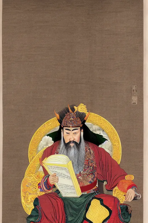 Image similar to A hyper realistic full body portrait of majestic guan yu sits and read a book, defined features, by gu kaizhi, wu daozi, 8k, HD, gigapixel, portrait art, symmetrical composition, realistic proportions, ink and colored pigments on silk, sharpness applied, hyperrealism