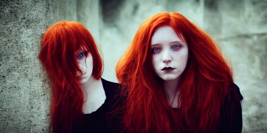 Image similar to a portrait of a sad gothic redhead girl, cinematic lighting, cute