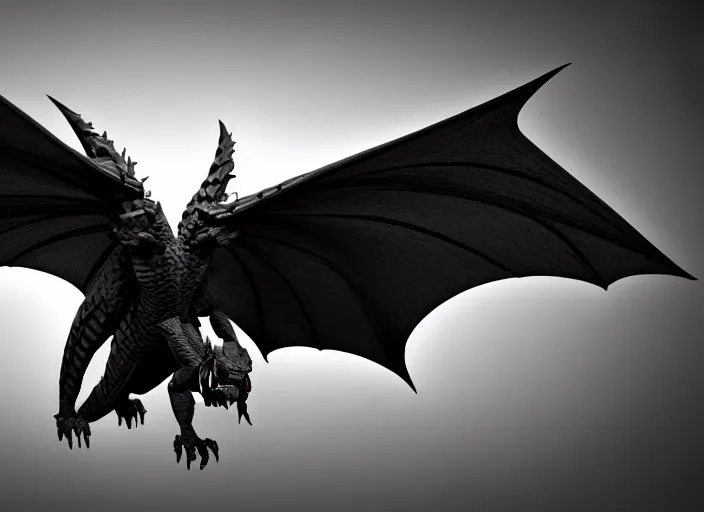Image similar to A flying black dragon, 3d render, detailed, blender, cinematic