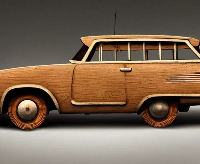 Image similar to a wooden sculpture of a vintage car from fallout 4, digital art by studio ghibli and greg rutkowski, beautiful, cute, hyperrealism artstyle, amazing lighting