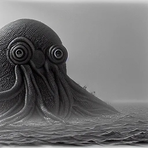 Prompt: a gigantic lovecraftian cyclope emerging from under the ocean, gazing to the darkened sky, old 3 5 mm ilford black and white, photorealistic