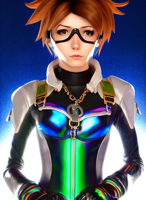 Image similar to portrait bust digital artwork of tracer overwatch, wearing iridescent rainbow latex and leather straps catsuit outfit, 4 k, expressive happy whistling face, makeup, in style of mark arian, angel wings, wearing detailed leather collar, chains, black leather harness, detailed face and eyes,