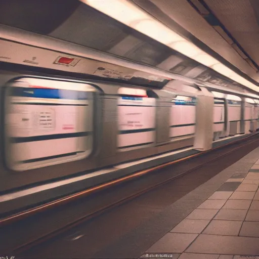 Image similar to photo, london underground, 5 0 mm f / 1. 4, cinestill 8 0 0,