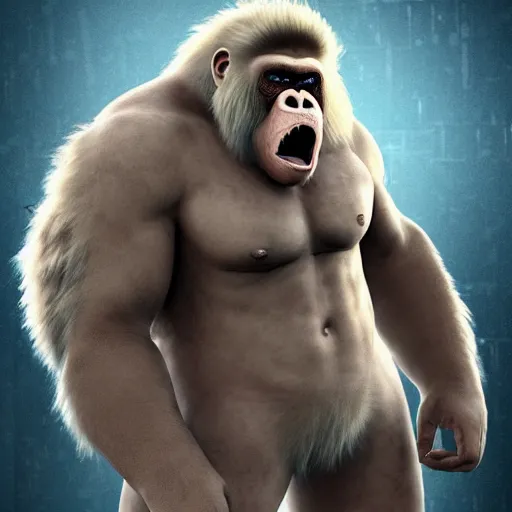 Image similar to angry tough albino gorilla with tattoos, mohawk punk gorilla, mean looking character, interesting 3 d character concept by tiger hkn and gediminas pranckevicius, maplestory, game art, hyper detailed, character modeling, cartoon, cinematic, ray tracing, fur details, maya, c 4 d