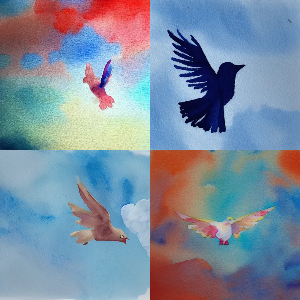 Prompt: a tissue paper bird flying in a watercolor sky