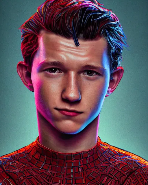 Image similar to closeup portrait of tom holland, an ultrafine detailed illustration by james jean, intricate linework, bright colors, final fantasy, behance contest winner, vanitas, angular, altermodern, unreal engine 5 highly rendered, global illumination, radiant light, detailed and intricate environment