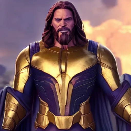 Prompt: Jesus playing Thanos in avengers, cinematic lighting