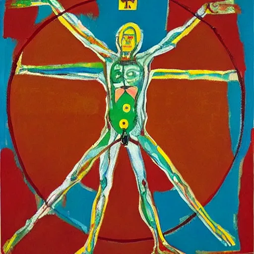 Prompt: painting of the vitruvian man by graham sutherland, basquiat, neo - expressionism, muted colors!