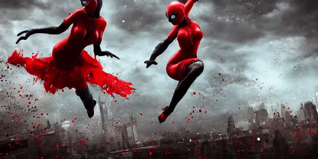 Image similar to epic scene of ( most gorgeous character hyper detail in amazing detail red dress, beautiful hyper detail face, detail ) ( fighting ) ( catwoman in a black tank top, detailed face ), hyper realistic 3 d render, art station, particles, epic scene, mucha, clouds, jump pose, blur focus, action,