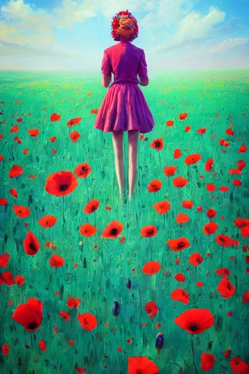 Prompt: closeup, giant poppy flower head, girl standing in a field of flowers, surreal photography, sunrise, blue sky, dramatic light, impressionist painting, digital painting, artstation, simon stalenhag