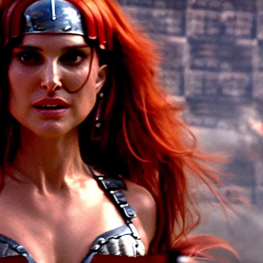 Prompt: natalie portman as red sonja, fight scene