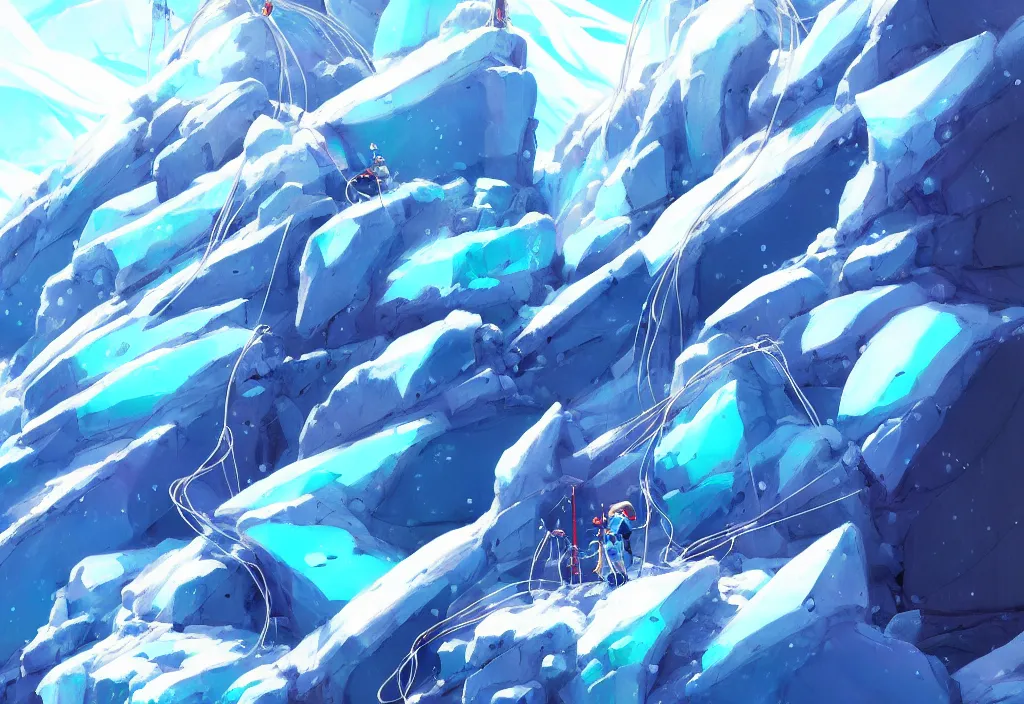 Prompt: futuristic electric pole and chunky wires on a glacier, ice, rocks, snowfall, intricate oil painting, high detail illustration, sharp high detail, manga and anime 1 9 9 9, official fanart behance hd artstation by jesper ejsing and makoto shinkai, 4 k,