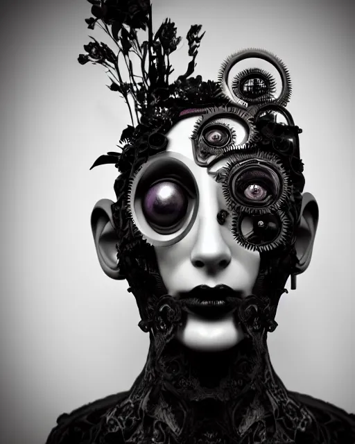 Image similar to black and white dreamy foggy smoky profile face portrait, one silver steampunk realistic eye biomechanical beautiful young female cyclope - cyborg - robot bust, body ribs meshes,, volumetric light, hibiscus flowers, by hg giger, rim light, by dora maar and cecile beaton, big gothic fashion pearl embroidered collar, 8 k