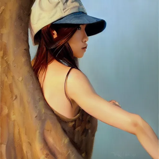 Image similar to oil painting by ilya kuvshinov,, baugh casey, artgerm craig mullins, coby whitmore, of a youthful japanese girl, long hair, fisherman's hat, highly detailed, breathtaking face, studio photography, noon, intense bounced light, water reflection, large tree casting shadow, serine intense sunlight