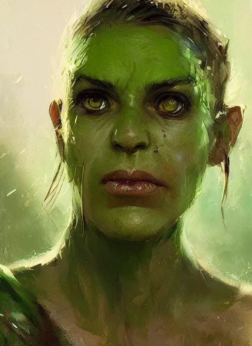 Image similar to green orc female, light green tone beautiful face by jeremy mann, greg rutkowski