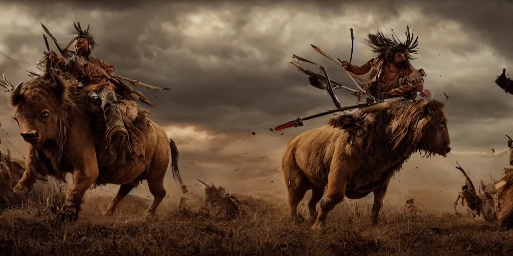 Prompt: wood punk, motorized indians attacking bisons, action scene, an epic western, dramatic lighting, cinematic, establishing shot, extremely high detail, photorealistic, cinematic lighting, artstation, octane render, old photo, buffalo hunt movie, alpha movie, western, ultra sharp, clean symmetrical faces, high detail, intricate,hypermaximalist,hyper realism