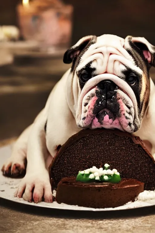 Image similar to a sad English bulldog comes out of the cake, realistic materials, attention to detail, elaborated depth of field, high-quality composition