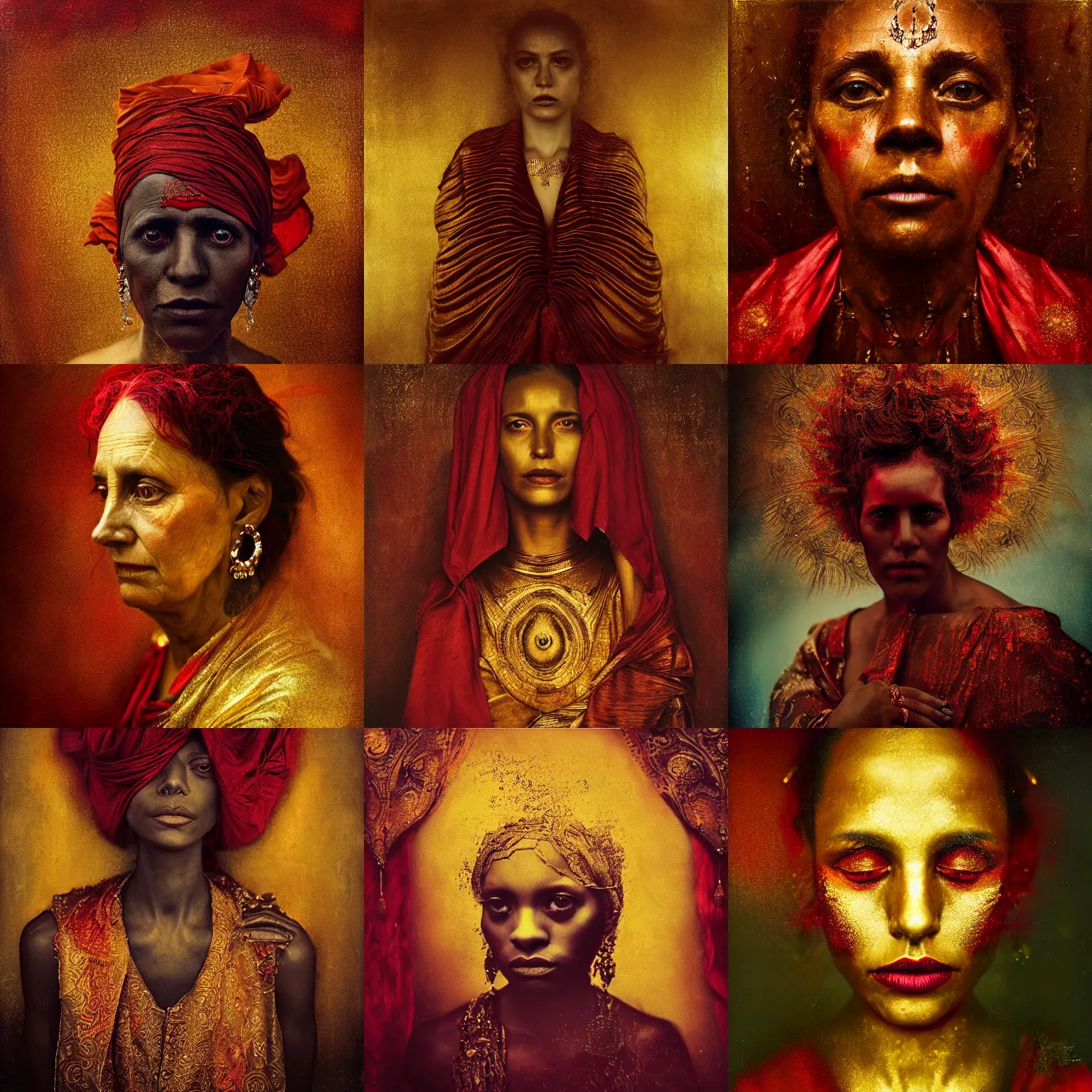 Prompt: 'Portrait of GPT3' by Lee Jeffries, royally decorated, whirling plasma, atmospheric motes, red and gold Sumptuous garb, gilt silk fabric, radiant colors, fantasy, perfect lighting, studio lit, micro details, decor by Gustav Klimt