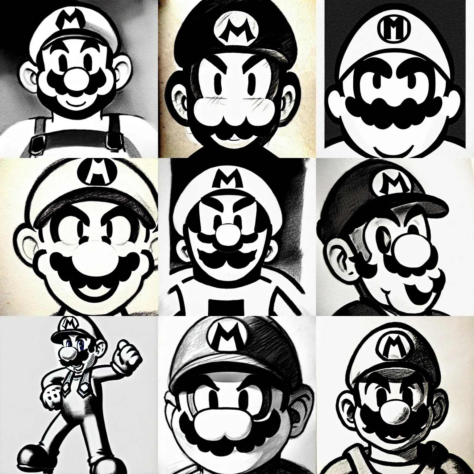 Image similar to epic pencil sketch of super mario, imposing focused gaze, striking manga artstyle, powerful shadows, concept art