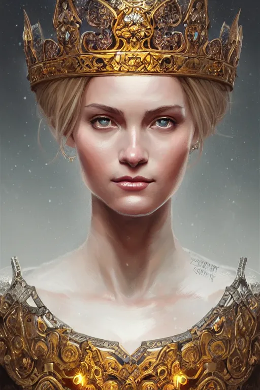 Image similar to highly detailed portrait of an elegant norwegiangoddess, ornate crown, beautiful symmetrical face, glowing skin, digital painting, artstation, concept art, smooth, clear focus, illustration, greg rutkowski, artgerm, global lighting, detailed and fantasy