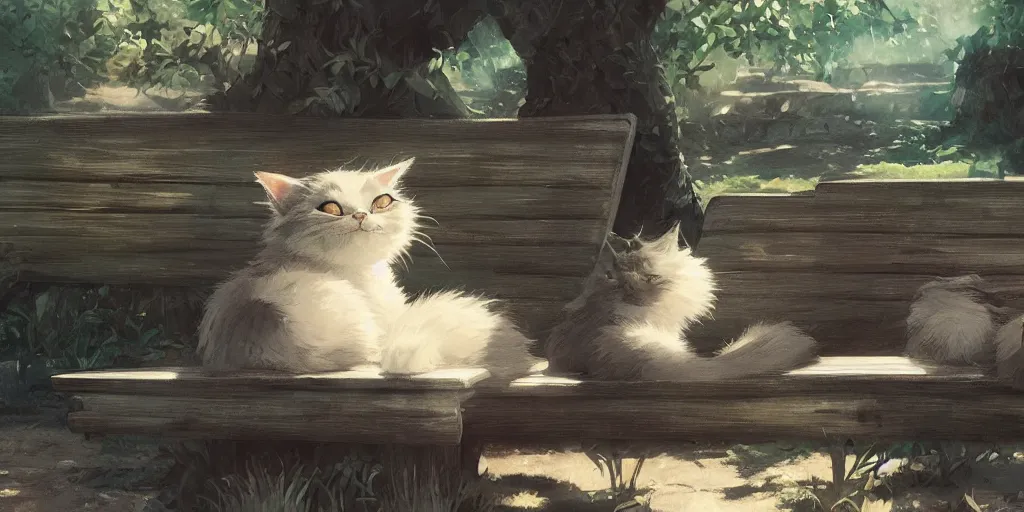 Image similar to several cats sitting on a bench, close up shot, anime art, Greg Rutkowski, studio ghibli, dramatic lighting