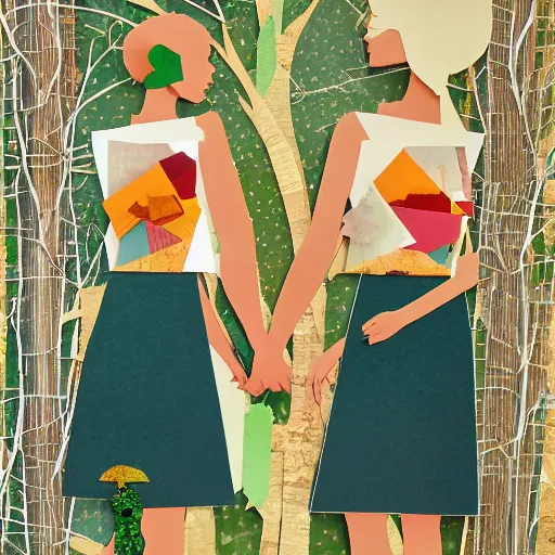 Prompt: paper collage art made of cut up magazines depicting two women holding hands in a forest