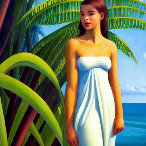 Image similar to a ultradetailed beautiful painting of a girl in the amazonas palace balustrade designed by edward hopper, tarsila do amaral, frank weston and gustave baumann, beach, trending on artstation, mediterranean, palm trees, detailed face, sharp focus, soft light, 8 k 4 k