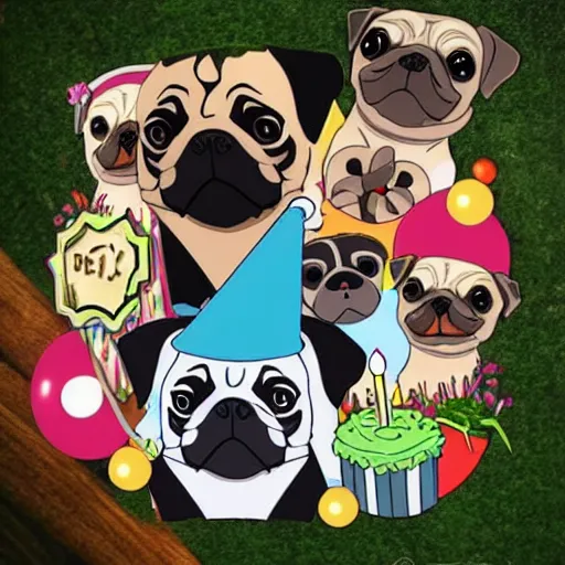 Prompt: Pug birthday in the style of studio Ghibli