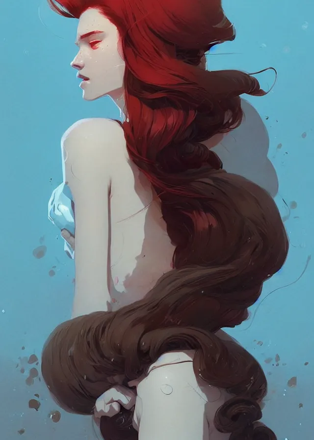 Prompt: beautiful artistic - wave highly detailed full - body portrait female, front facing, long red hair, by atey ghailan, by greg rutkowski, by greg tocchini, by james gilleard, by joe fenton, by kaethe butcher, dynamic lighting, gradient light blue, brown, blonde cream and white color scheme, grunge aesthetic