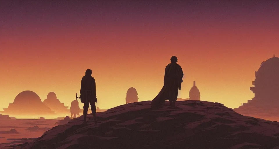 Prompt: beautiful wide shot tatooine landscape, Luke skywalker sunset, Star Wars a new hope 1977, studio ghibli, Miyazaki, Greg rutkowski, Alphonse mucha, Moebius, golden hour, tiny! domes, highly detailed, hdr, vivid color, 70mm