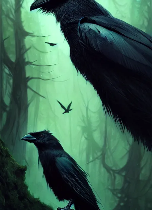 Prompt: side portrait dark crow (animal), close-up, fantasy forest landscape, moonshine, fantasy magic, nice black feather, proud, green dark light night, intricate, elegant, sharp focus, illustration, highly detailed, digital painting, concept art, matte, art by WLOP and Artgerm and Greg Rutkowski and Eddie Mendoza, masterpiece