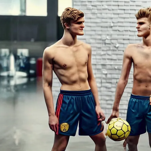 Image similar to a realistic detailed photo of a guy who is an attractive humanoid who is half robot and half humanoid, who is a male android, soccer players martin ødegaard & timo werner, shiny skin, posing like a statue, blank stare, in a factory, on display, showing off his muscles, gold soccer shorts, side view, looking at each other mindlessly