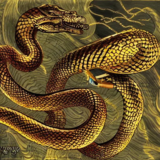 Prompt: a golden serpent in the sea spitting venom