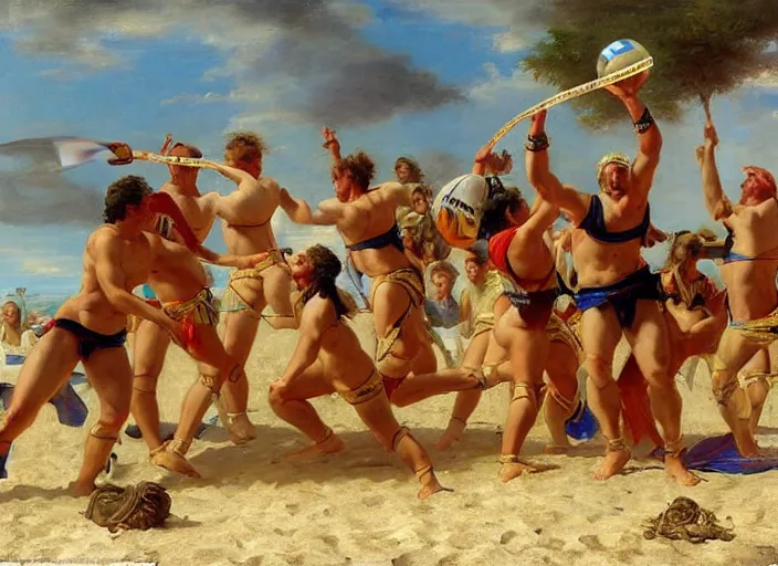 Image similar to the roman legion in full armor playing volleyball at the beach by vladimir volegov and alexander averin and pierre auguste cot and delphin enjolras