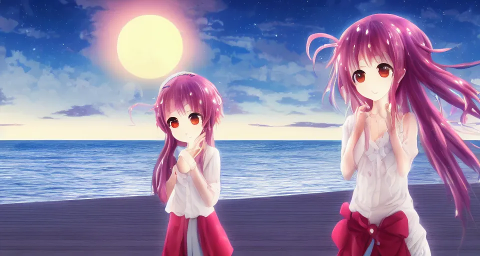 Image similar to one anime girl standing on a pier with the ocean as background at twilight, her blue shiny detailed eyes are looking at the camera, cute, big moon above the water, colorful, magical, detailed face, small nose and mouth, 8k, based on Puella Magi Madoka Magica