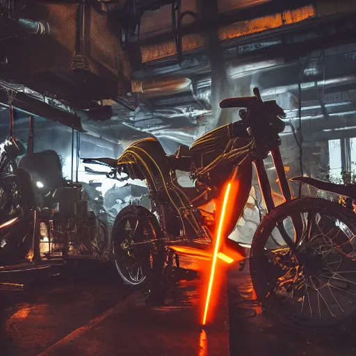 Image similar to bicycle mecha, dark messy smoke - filled cluttered workshop, dark, dramatic lighting, orange tint, sparks, cinematic, highly detailed, sci - fi, futuristic, movie still