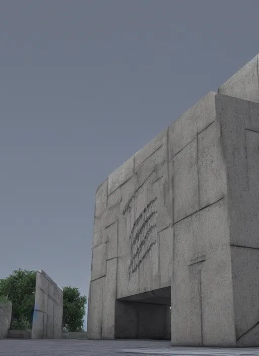 Image similar to highly detailed realistic architecture 3 d render of a concrete stele monument in frank gahry style standing on a side of a highway, archdaily, made in unreal engine 4 octane render