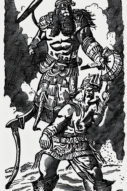 Image similar to ancient historically accurate depiction of the Bible Character Goliath of Gath, the Philistine warrior giant by mcbess