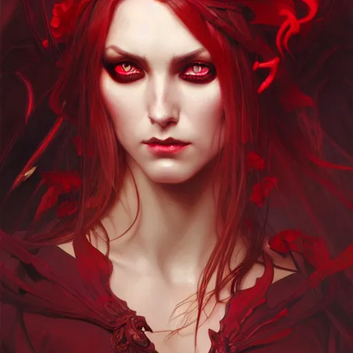 Prompt: Portrait of succubus, D&D, red eyes, face, fantasy, intricate, elegant, highly detailed, digital painting, artstation, concept art, smooth, sharp focus, illustration, art by artgerm and greg rutkowski and alphonse mucha