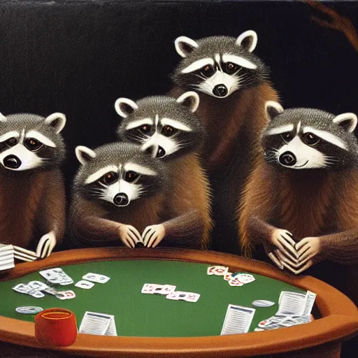 Prompt: a gang of raccoons playing poker at night