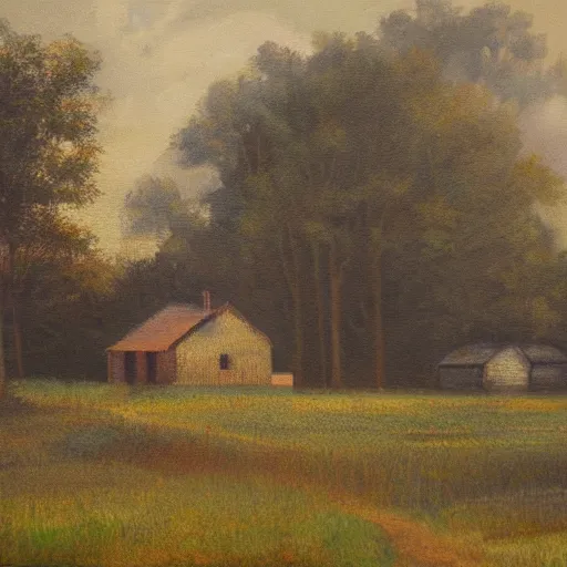 Image similar to Landscape, abandoned homestead at morning. Ohio River Valley. Oil on Canvas