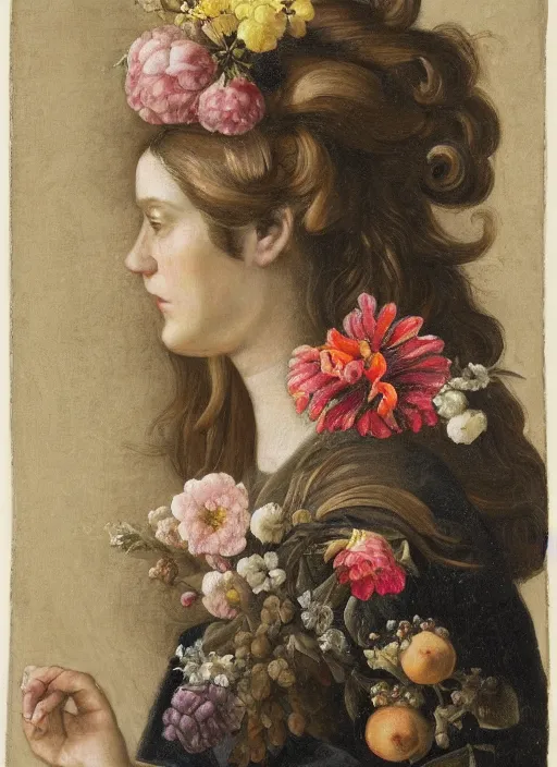 Image similar to a woman's face in profile, with long hair made of still life flowers and fruit, in the style of the dutch masters, dark and moody