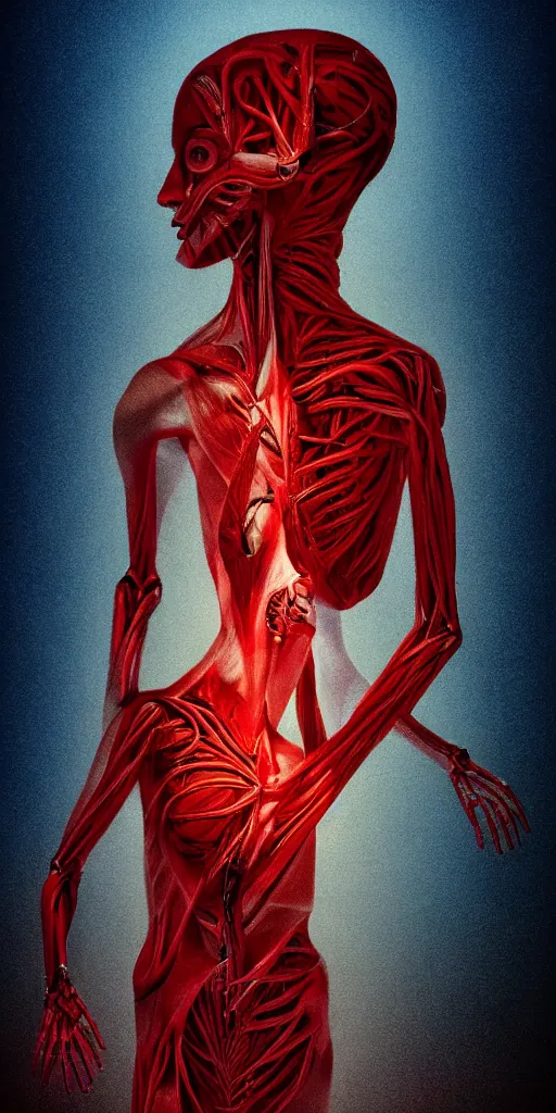 Image similar to poster design, full body anatomical model, 3 d photographic render of a deconstructed asymmetric human anatomical correct human body, in hoc signo vinces, waterfall, in the style of leonora carrington, gottfried helnwein, intricate composition, blue light by caravaggio, insanely quality, highly detailed, masterpiece, red light, artstation