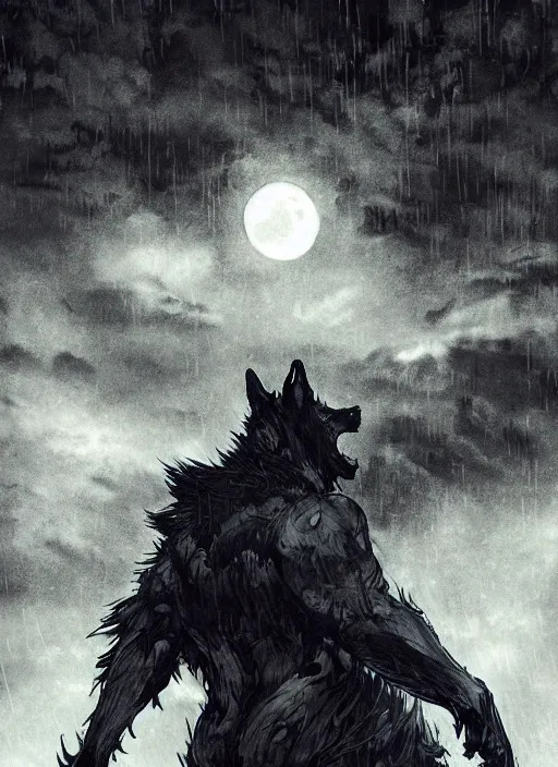 Prompt: Giant wolf with glowing eyes near small village, raining, full moon. In style of Yoji Shinkawa and Hyung-tae Kim, trending on ArtStation, dark fantasy, great composition, concept art, highly detailed, dynamic pose.