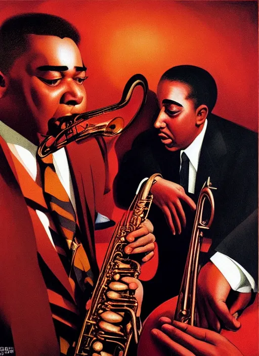 Prompt: Charlie Parker and Dizzy Gillespie in a Harlem nightclub in 1948, !dream hyper detailed 3d render like a Oil painting, aerochrome by Jacek Yerka, Ilya Kuvshinov, Mariusz Lewandowski, Houdini algorithmic generative render, Masterpiece, Edward Hopper and James Gilleard, Zdzislaw Beksinski, Mark Ryden, Wolfgang Lettl, hints of Yayoi Kasuma, octane render, 8k