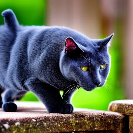 Image similar to Fujichrome Provia 100F photograph of a Russian Blue cat, sigma 85mm f/1.4, 15mm, 35mm, tilted frame, extreme long shot, action shot, long exposure, 4k, high resolution, 4k, 8k, hd, wide angle lens, highly detailed, full color, harsh light and shadow, intoxicatingly blurry