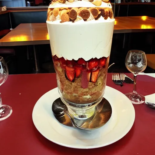 Image similar to 6 ft tall sundae trifle in restaurant, surrounded by customers, flash photography