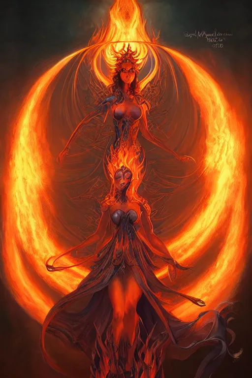 Prompt: beautiful powerful symmetrical gothic goddess of fire stands in a vortex of fire, matte fantasy painting, detailed character concept art, dynamic gel lighting, by Brom and Peter Mohrbacher