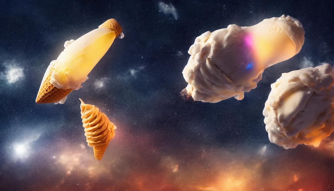 Prompt: dramatic render of an ice cream cone floating in space, radiating with a supernova of flavors, cgsociety, artstation, 4 k